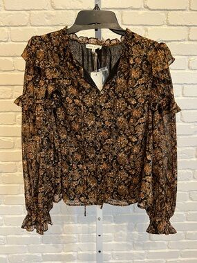 Moon River Black & Brown Floral Ruffle Long-Sleeve Blouse
